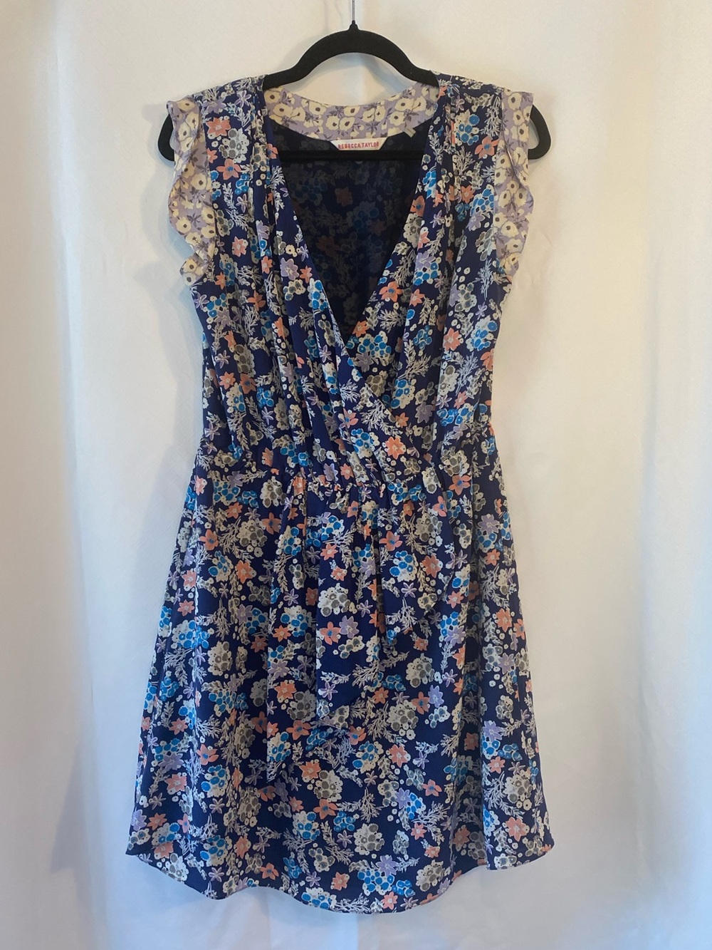 Rebecca Taylor Dark Cottagecore 100% Silk Faux Wrap Cap Sleeve Lined Dress 8